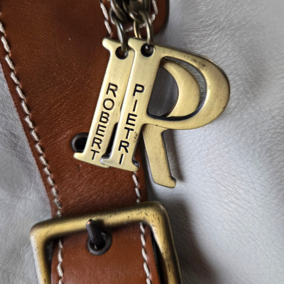 Y2K Robert Pietri White Tan Pebbled Genuine Leather Spacious Tote Shoulder Bag - Picture 3 of 12